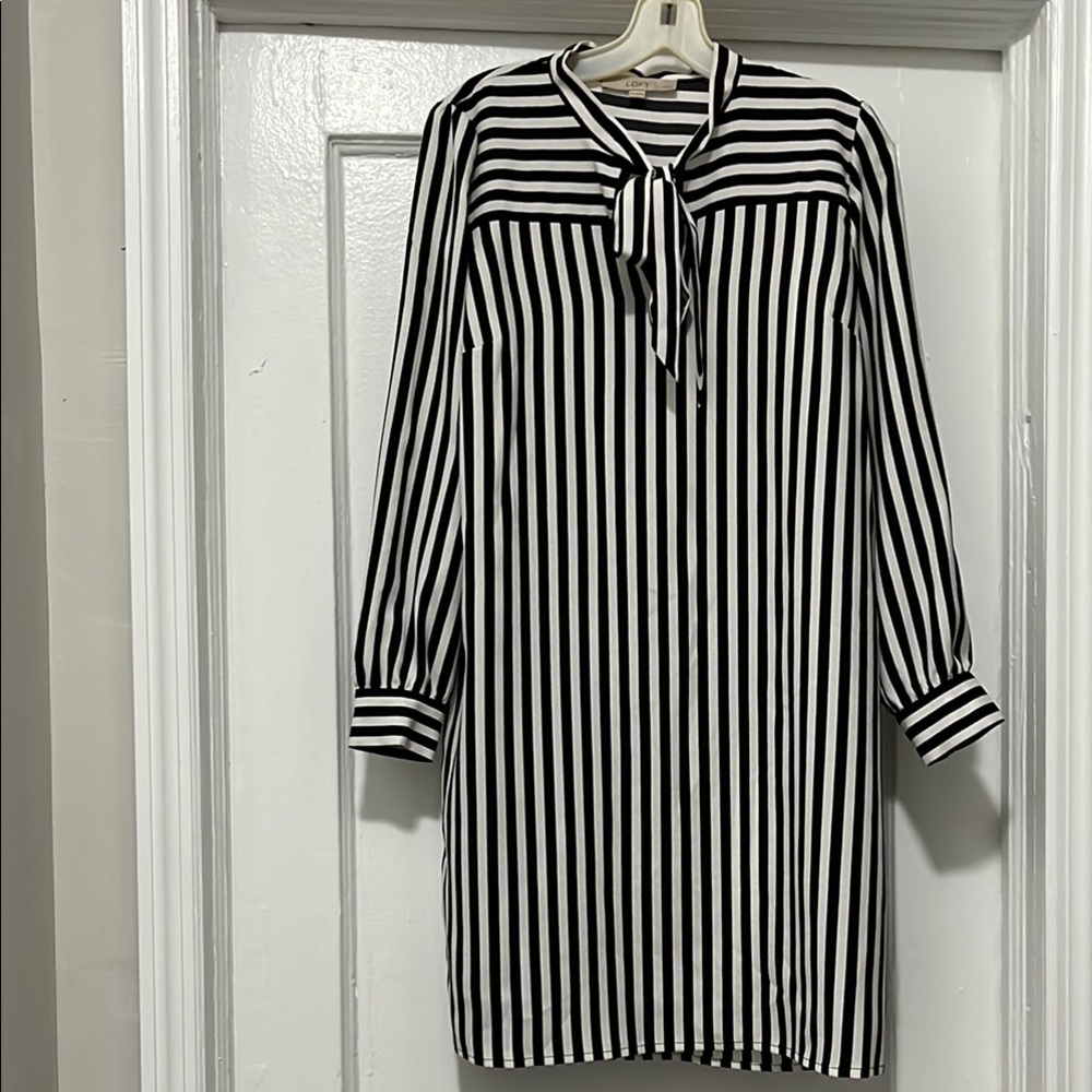 LOFT Black and White Sheath Dress with Mandarin-Tie Collar